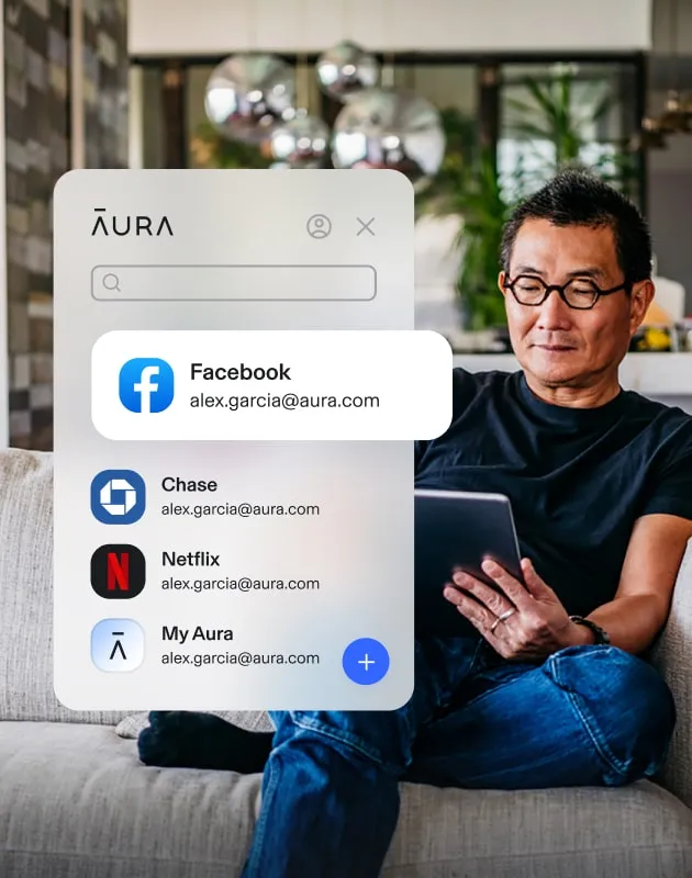 Man using Aura’s password manager extension to log into what looks like Facebook, while seated and using his tablet